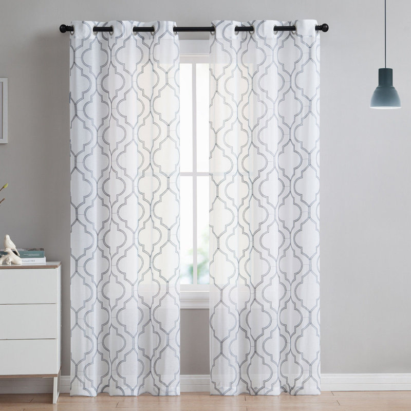 Bailey Embroidered Trellis Geometric SemiSheer Grommet Curtain Panels